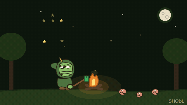 Animated: Robin and the shrimps around a campfire under a candle constellation